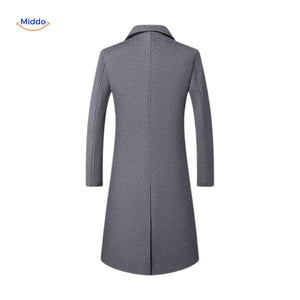 Gray wool trench coat styled for men with premium wool blend fabric.