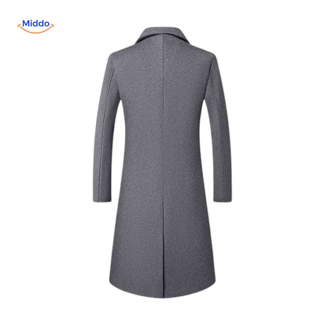 Gray wool trench coat styled for men with premium wool blend fabric.