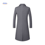 Gray wool trench coat styled for men with premium wool blend fabric.