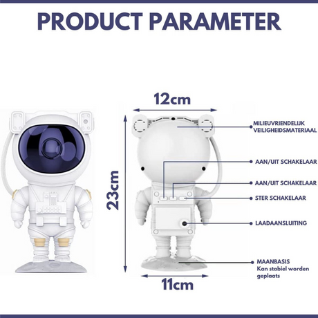 Galaxy projector size and dimension specifications chart for product measurements.