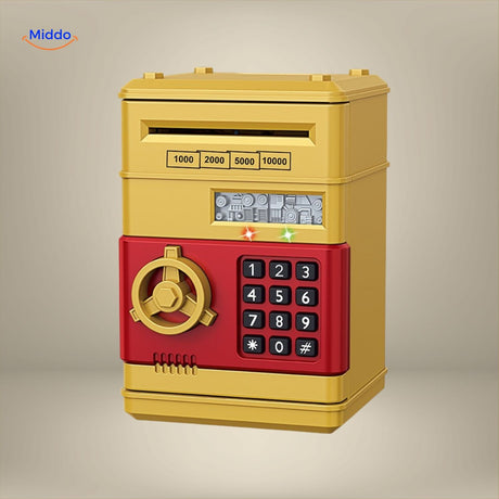 Gold and red ATM savings machine with classic vault-style design and PIN security.
