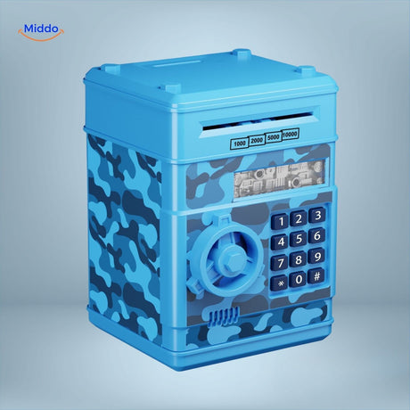Blue and silver coin and bill ATM bank with PIN code protection.