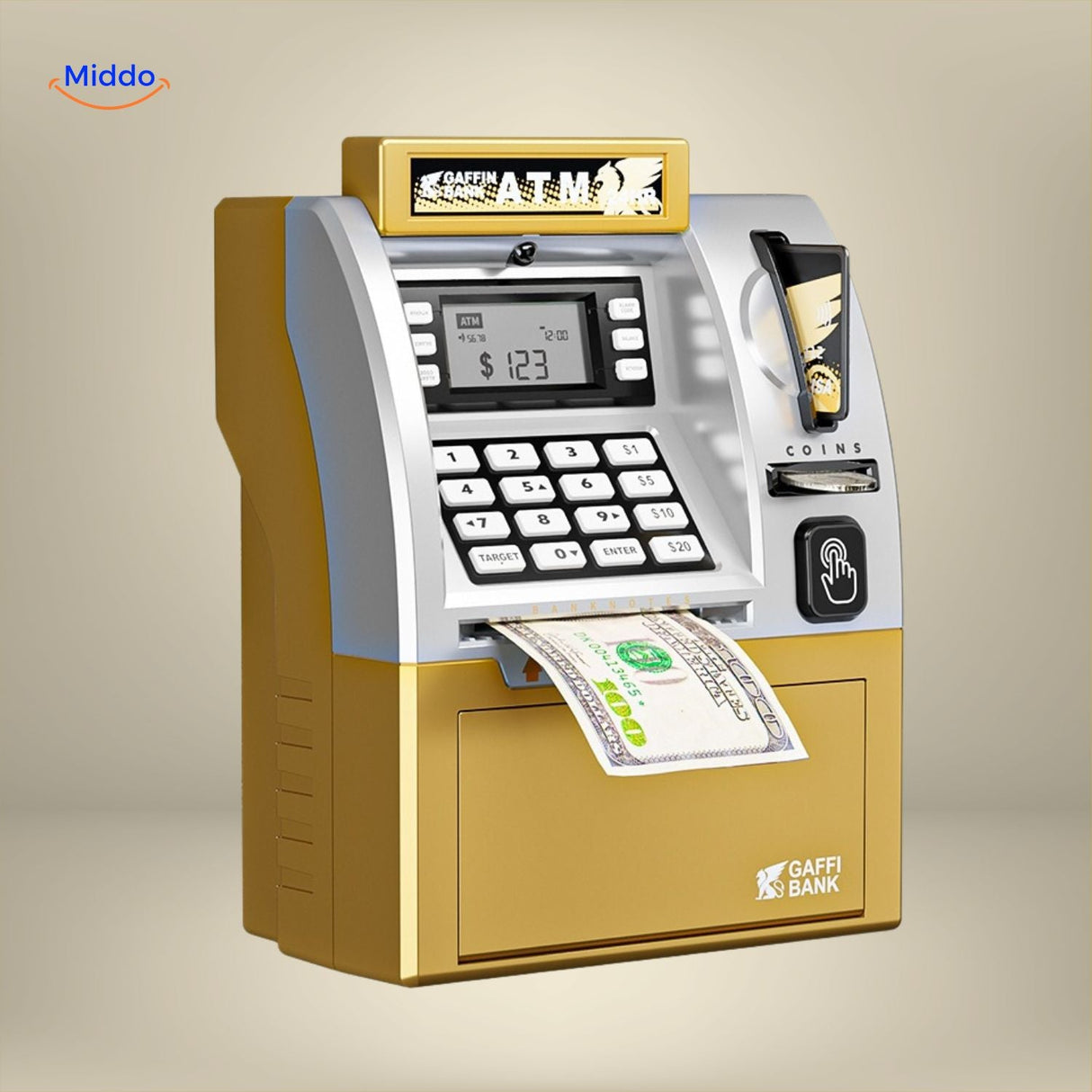 Blue ATM savings machine with digital display and bill insertion feature.