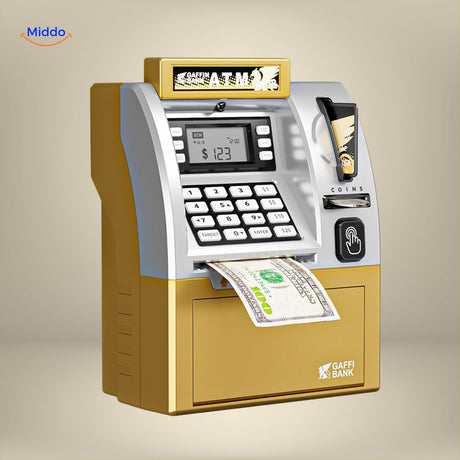 Blue ATM savings machine with digital display and bill insertion feature.