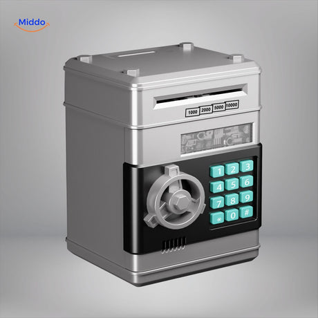 ATM piggy bank product packaging showing multiple color variants and designs.