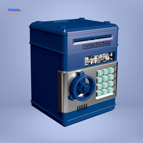 White and blue ATM savings bank with PIN code entry and secure money slot.
