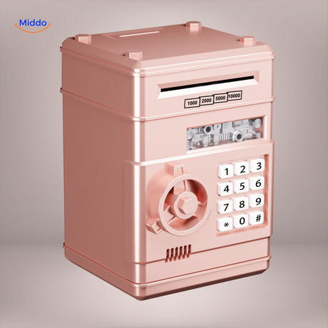 Black and silver ATM safe with PIN code protection and bill entry slot feature.