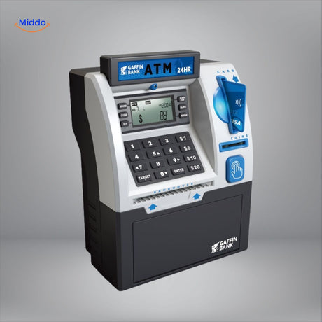 Gold and silver ATM safe with PIN code and bill insertion slot.