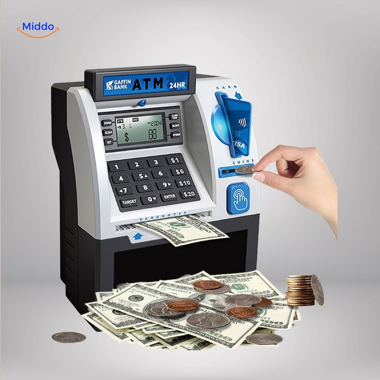 Blue ATM savings machine with PIN-protected digital code panel and secure coin slot.