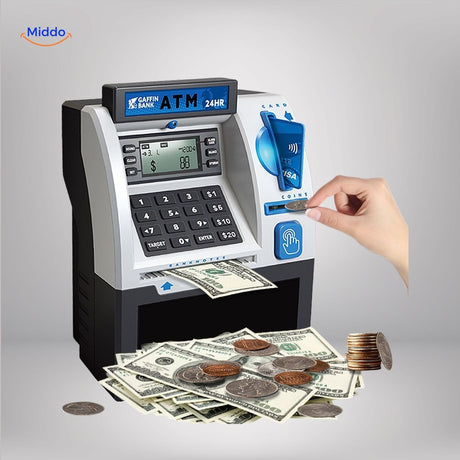 Blue ATM savings machine with PIN-protected digital code panel and secure coin slot.