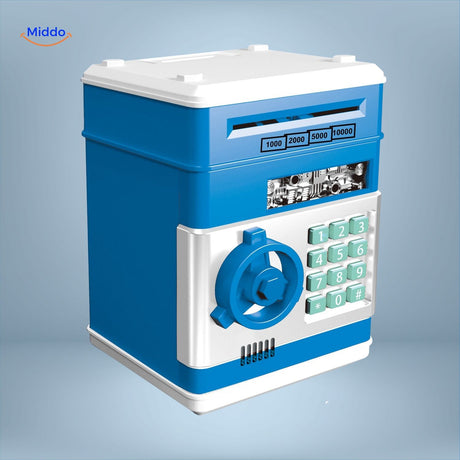 Silver and black PIN code ATM safe with LED electronic lock mechanism.
