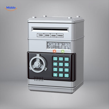 Black and silver ATM-style vault safe with secure PIN code protection.