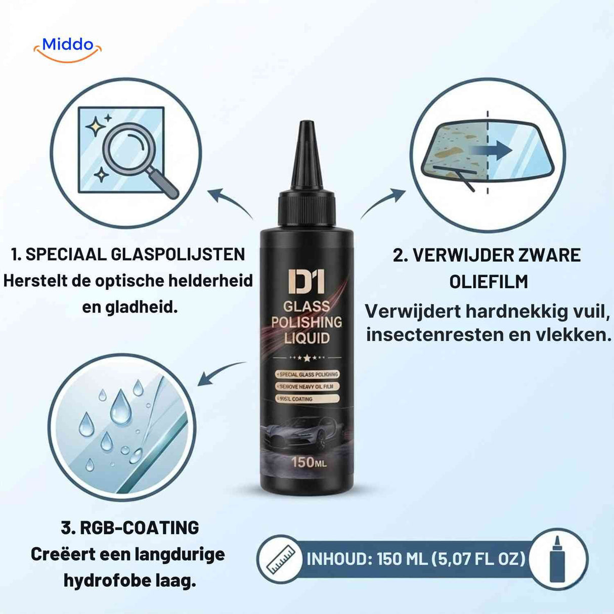 Auto glass polished with hydrophobic protective coating for crystal clear visibility.