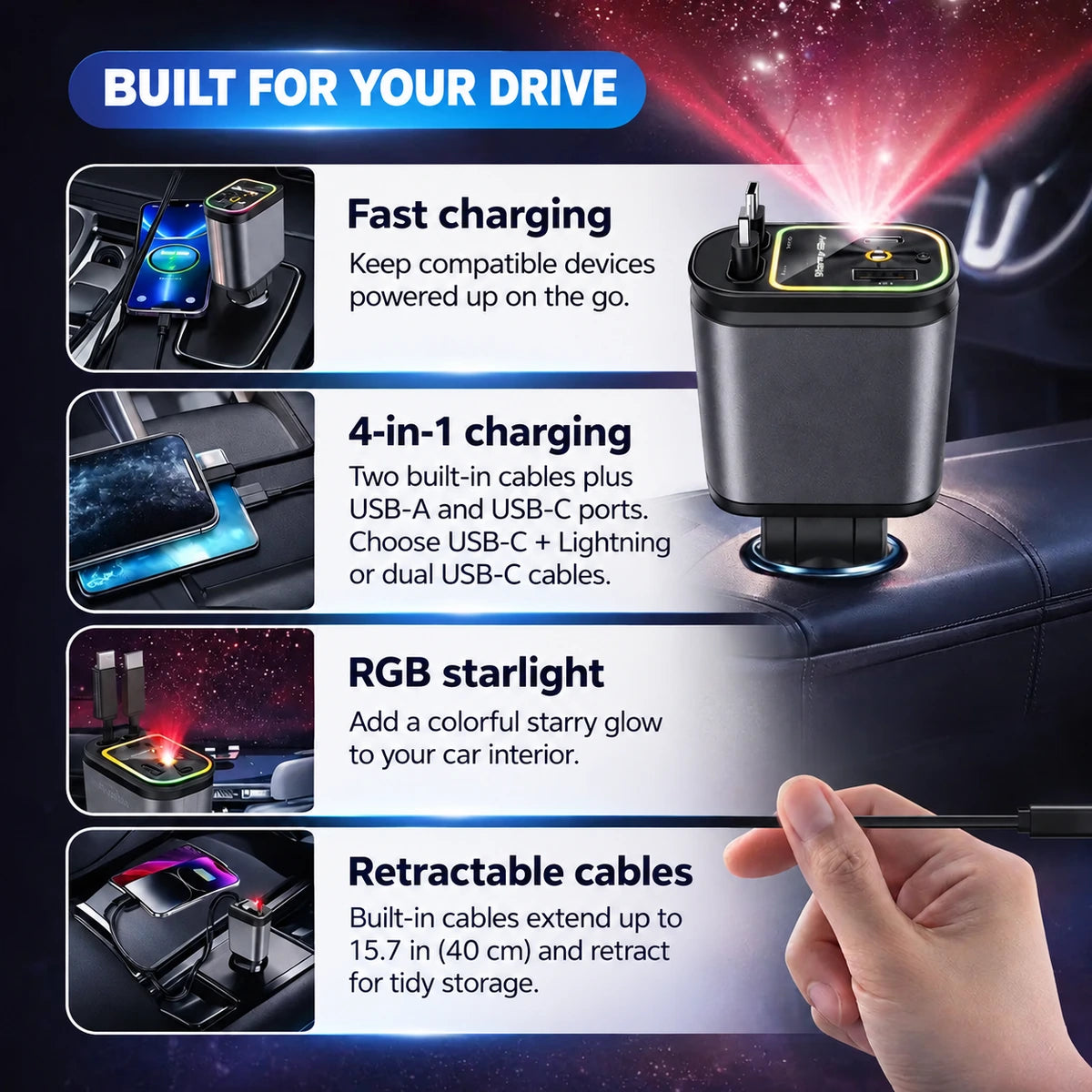 AutoCharge 4-in-1 car charger features with retractable 15.7-inch cables and RGB lighting.