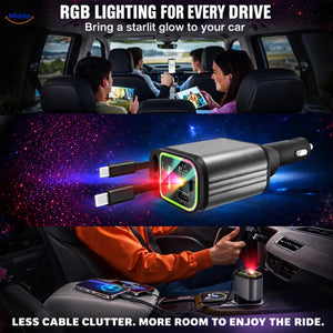 AutoCharge car charger with RGB starlight lighting and retractable charging cables.