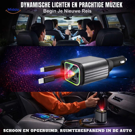 120W car charging station displaying LED light effects in dashboard