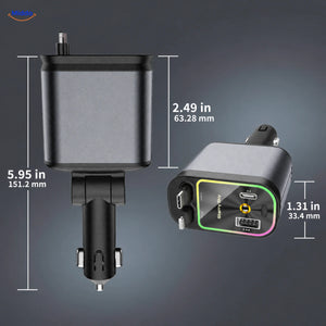 AutoCharge car charger measurements: 5.95-inch overall length, 2.49-inch body height, and 1.31-inch width.