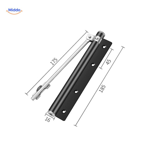 Black hydraulic door closer provides safety and seamless closing control.