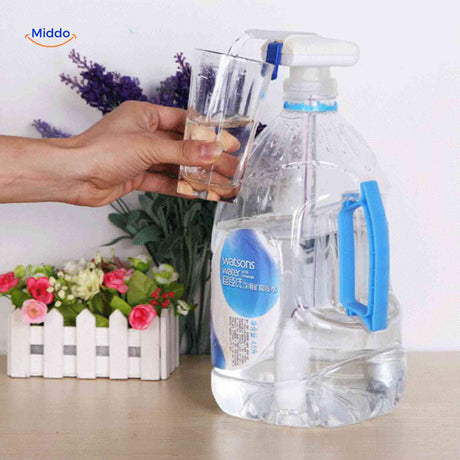 Automatic water pump dispenser mounted on beverage bottle.