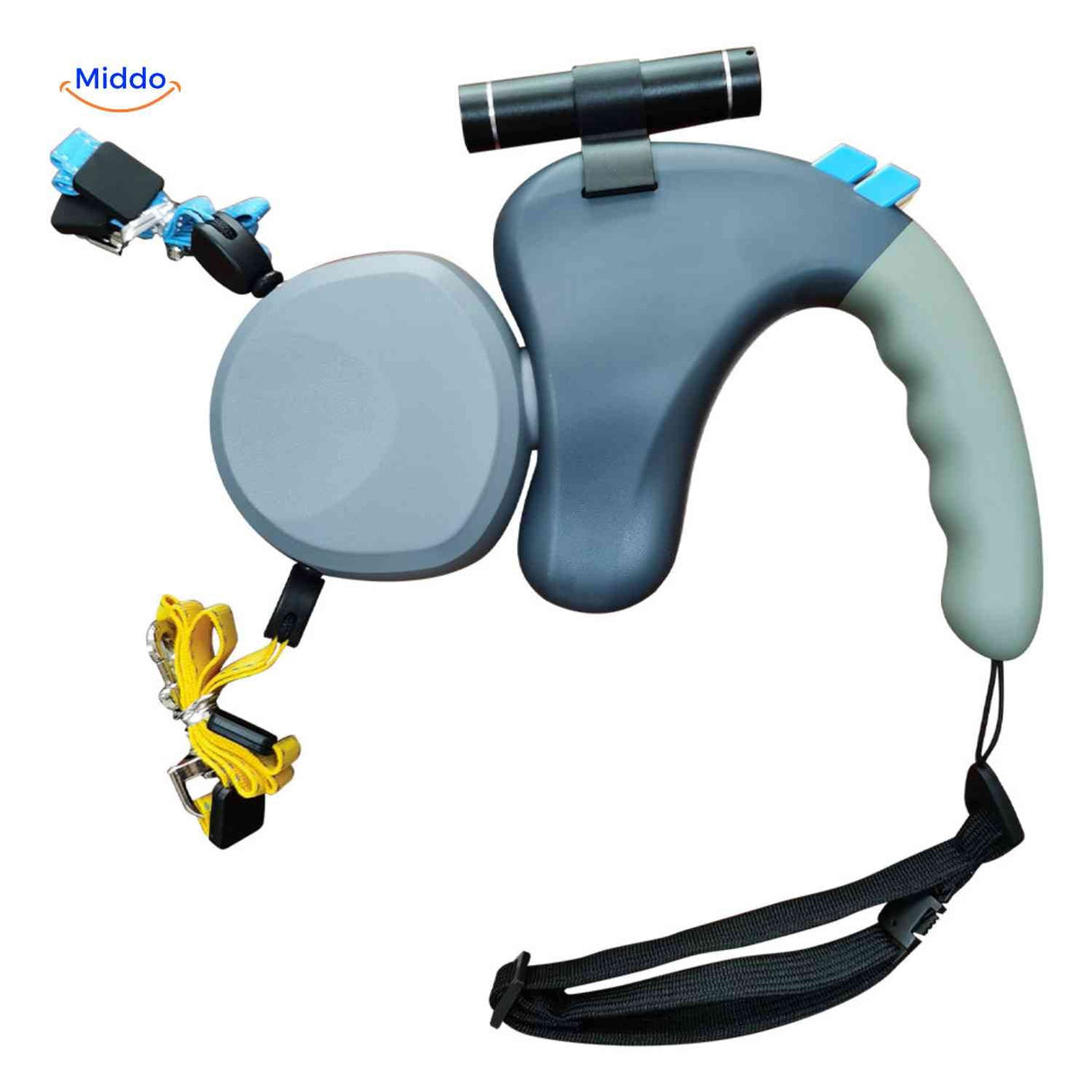 Automatic dual dog leash system for controlled walking with two dogs.