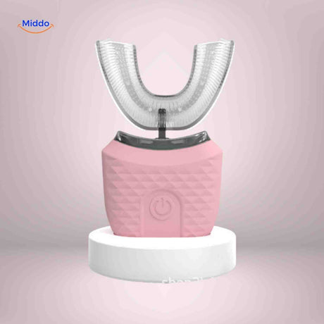 Automatic U-shaped sonic electric toothbrush available in soft pink color.