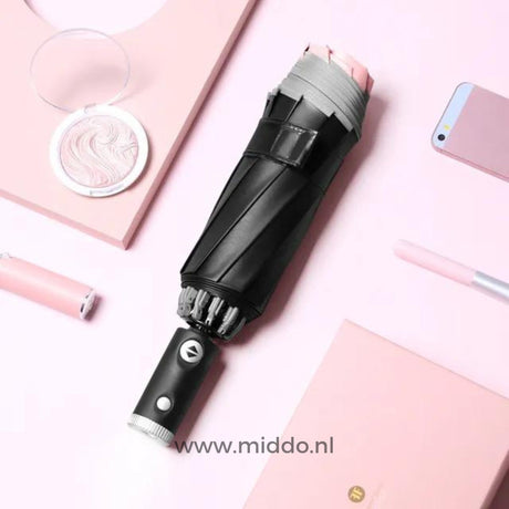 OnePlu automatic windproof umbrella in pink with reflective edge.