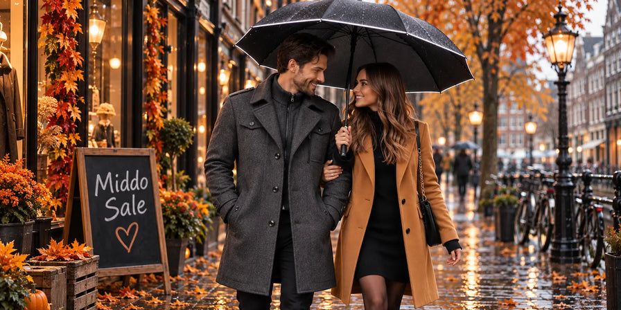 Couple with an umbrella and warm coats on an autumn street