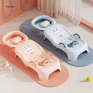 Two-color baby shampoo chair set showing blue and peach foldable bath seating options.