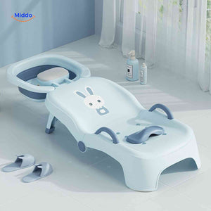 Blue baby shampoo chair featuring integrated water basin for hair washing.