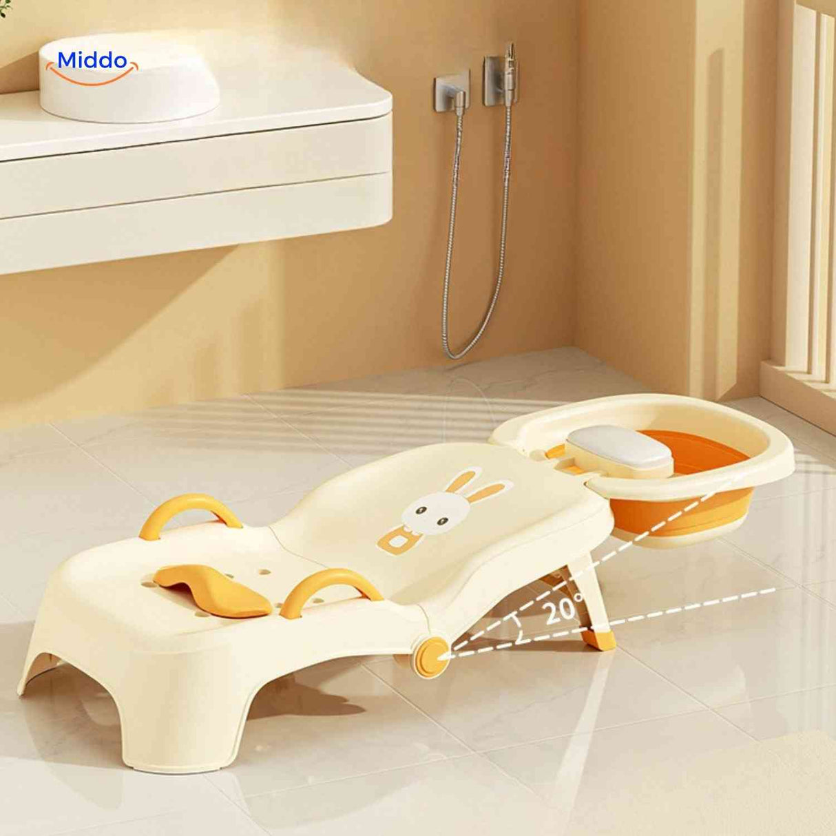 Baby bathing chair with adjustable recline angle and splash-safe water basin included.