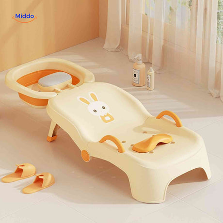 Cheerful yellow baby bathing chair with adorable rabbit motif for playful bath time.