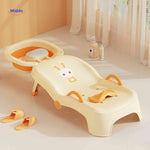 Cheerful yellow baby bathing chair with adorable rabbit motif for playful bath time.