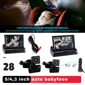 Baby car camera monitor complete dual setup with display and rear-seat camera.