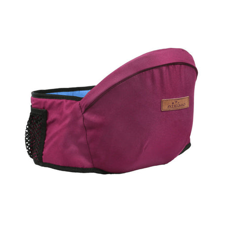 Dark pink baby hip carrier featuring breathable mesh pocket for storage and ventilation.