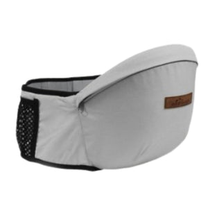 Soft light gray baby hip carrier offering neutral aesthetic with maximum comfort support.