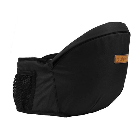 Black baby hip carrier with premium leather label detail and reinforced ergonomic frame.