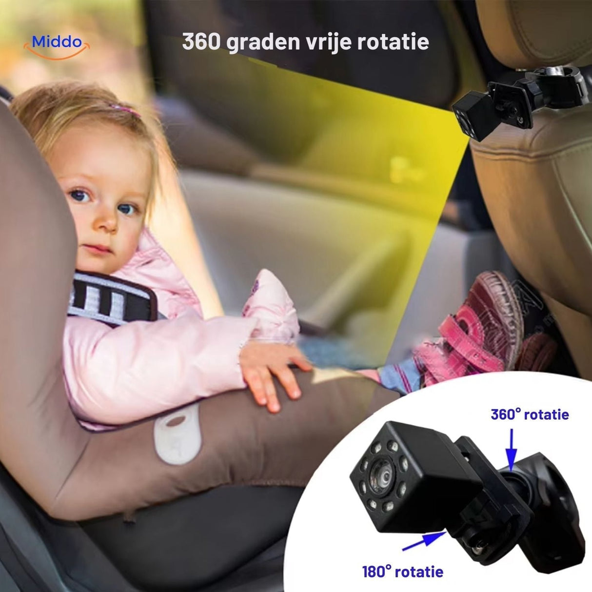 Baby car camera with 360-degree rotating bracket and infant in car seat.