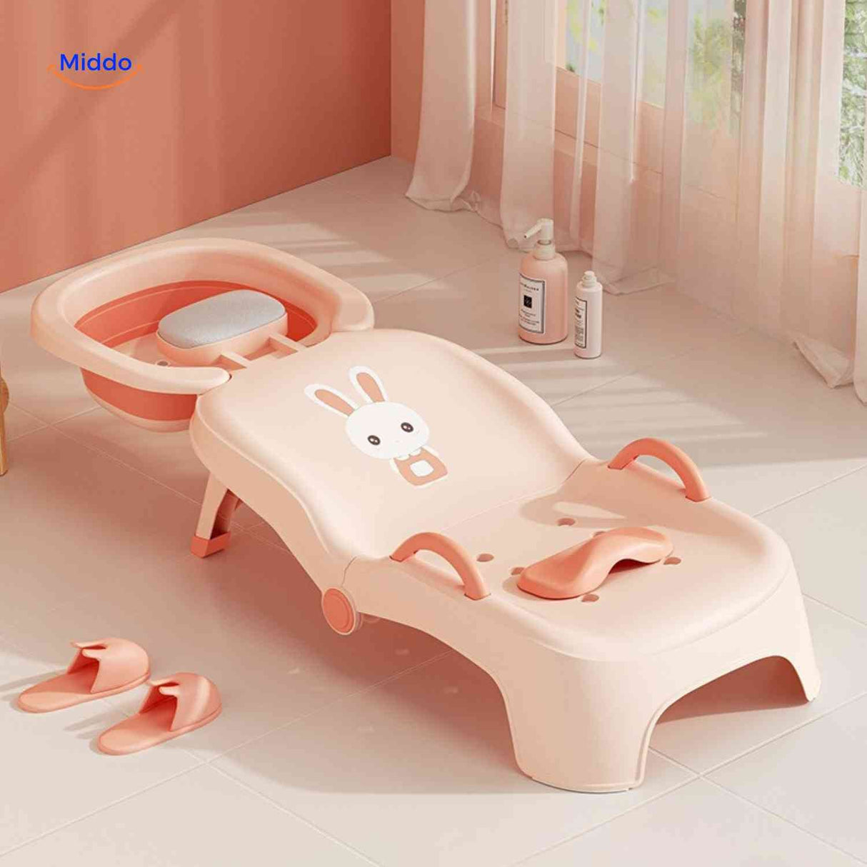 Foldable baby bath chair with adjustable headrest for comfortable tear-free hair washing.