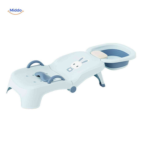 Blue baby bathing chair with headrest and basin providing complete tear-free washing solution.