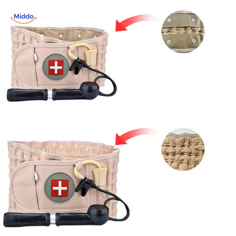 Before and after comparison showing lumbar belt inflation and fit.