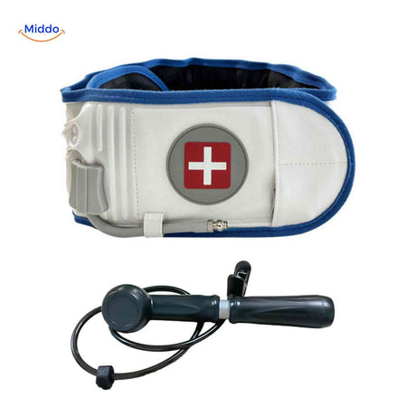 Inflatable back brace available in blue and white with manual pump.