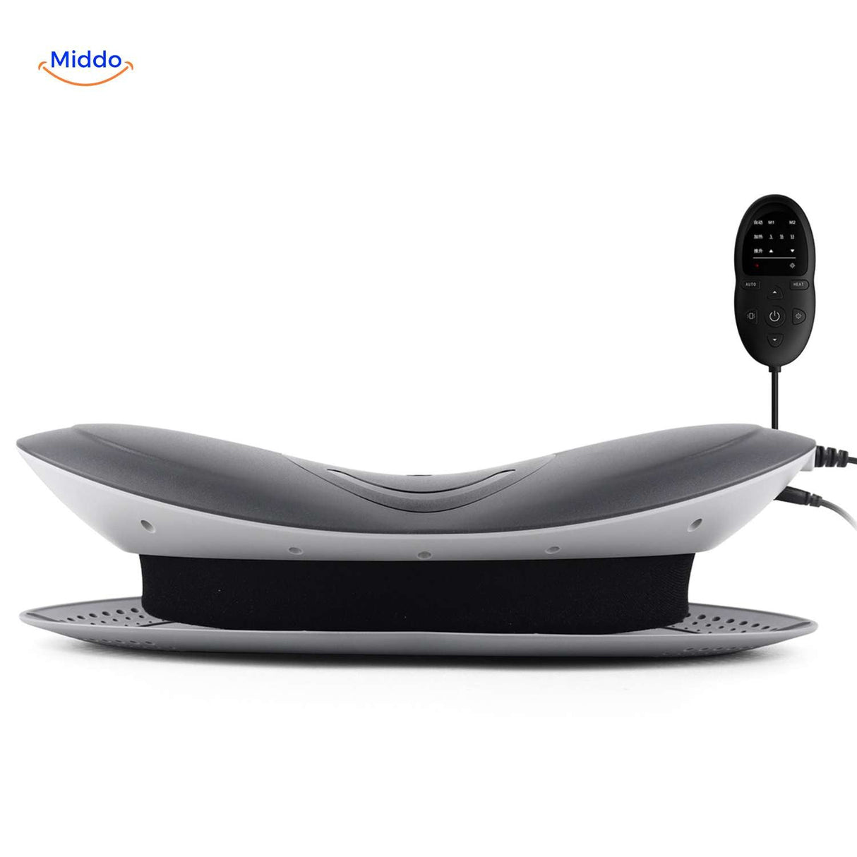 Back massager with remote control and ergonomic design for lumbar support.