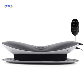 Back massager with remote control and ergonomic design for lumbar support.