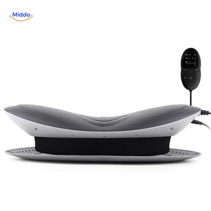 Back massager with remote control and ergonomic design for lumbar support.