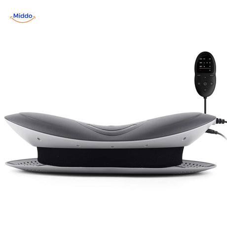Back massager with remote control and ergonomic design for lumbar support.