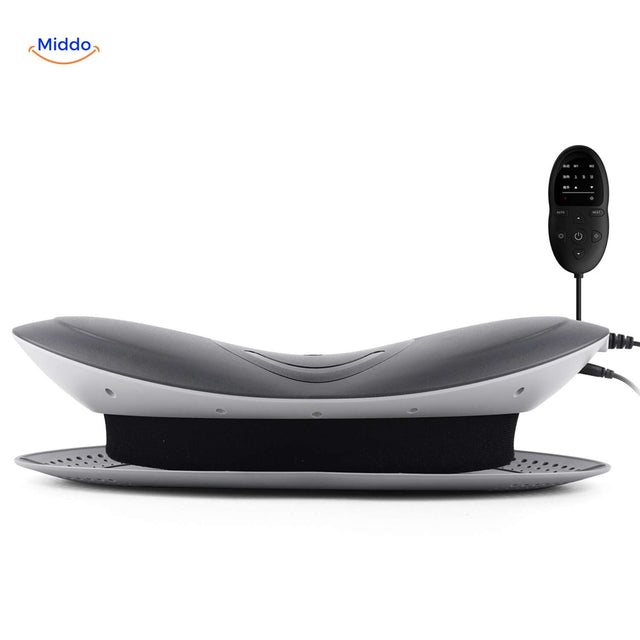 Back massager with remote control and ergonomic design for lumbar support.