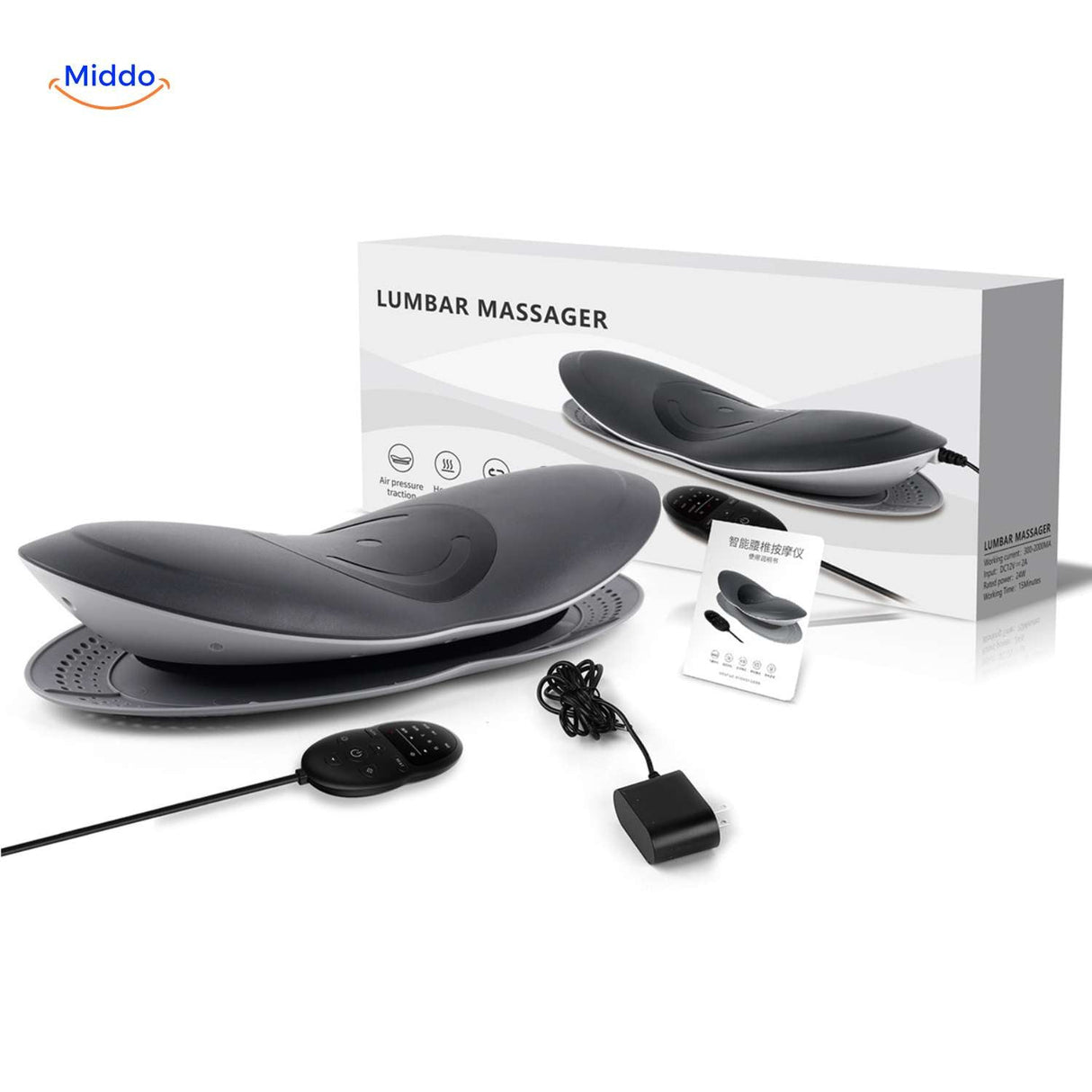 Complete back massager kit contents including remote control and packaging.
