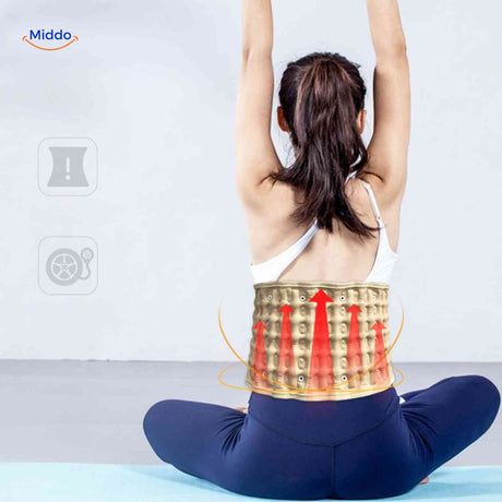 Back stretching demonstration using inflatable lumbar support belt.