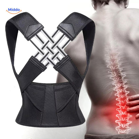 Back support brace worn to relieve joint and back pain, targeting posture-related discomfort throughout the day.