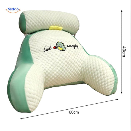 Lumbar support pillow in green with dinosaur design and text for fun seating.